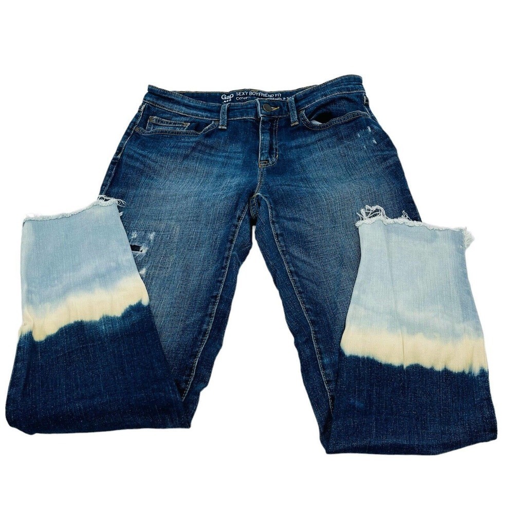 GAP Jeans Sexy Boyfriend Fit Tie Dye Distressed Bottom Ankle Length Womens Sz 2